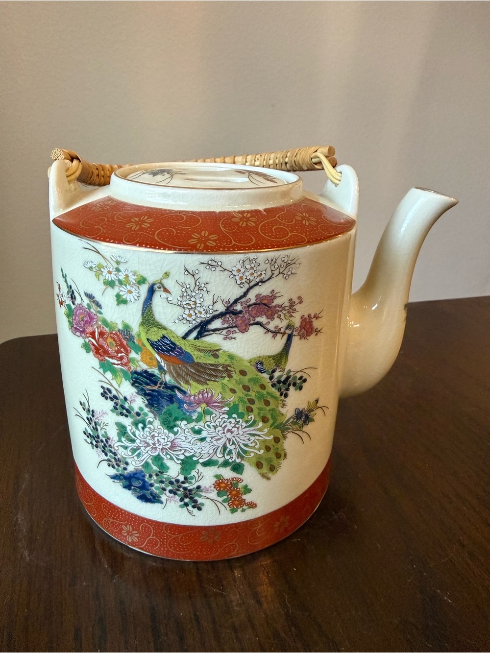 Vintage Satsuma Japanese Peacock Floral Tea Kettle With Gold Trim
